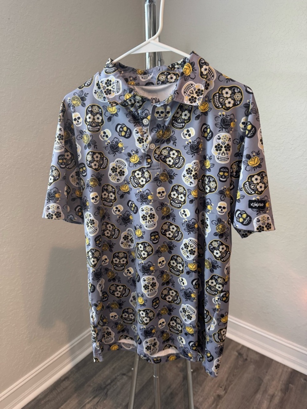 Sugar Skull Print Gray Polo Shirt with Yellow Accents